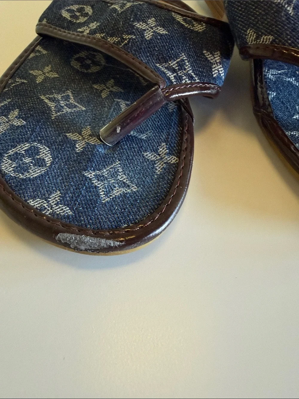 Louis Vuitton Denim Monogram Thong Sandals - Dark Blue & Brown Trim